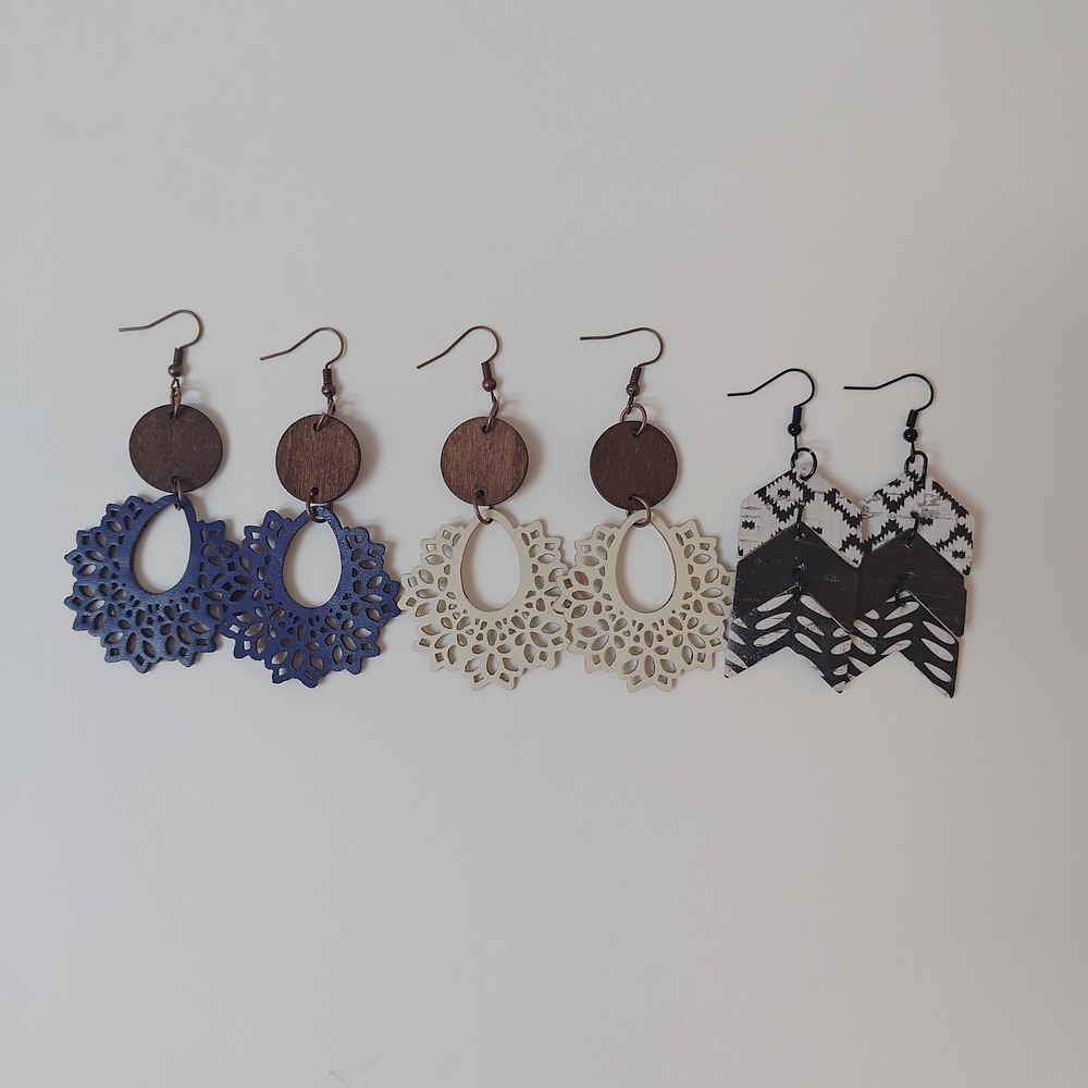 3 Pair Lot Bohemian-style Wooden and Faux Leather Drop Earrings